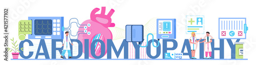Cardiomyopathy concept vector for medical website, header, blog. Heart attack, cardiac infarction with tiny doctors, cardiogram, artery, heart
