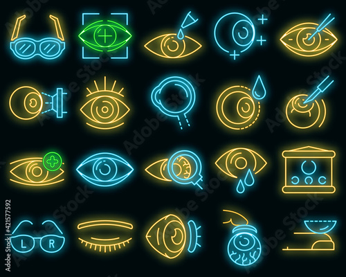 Eyeball icon set. Outline set of eyeball vector icons neon color on black