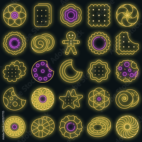 Biscuit icon set. Outline set of biscuit vector icons neon color on black