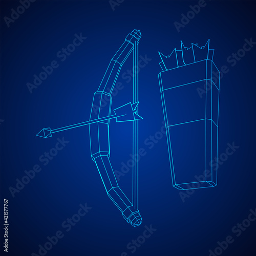 Medieval Bow and arrow archer weapon. Wireframe low poly mesh