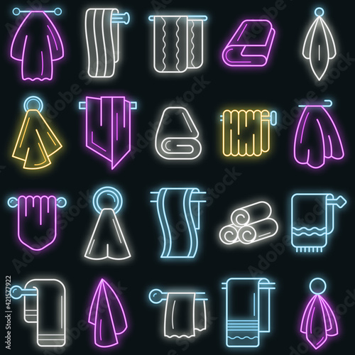 Towel icon set. Outline set of towel vector icons neon color on black