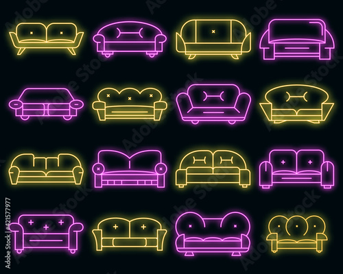 Sofa icon set. Outline set of sofa vector icons neon color on black