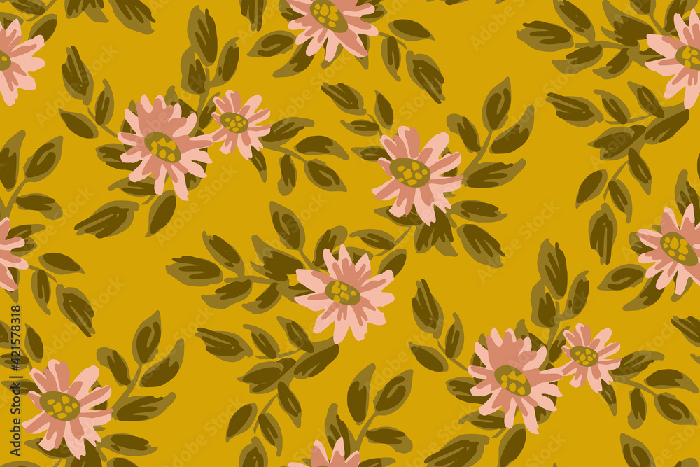 Beautiful painted pink flowers with olive green leaves and yellow background. Organic growing floral seamless vector pattern. Great for home décor, fabric, wallpaper, gift-wrap, stationery, etc.