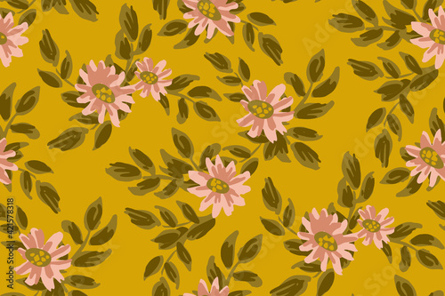 Beautiful painted pink flowers with olive green leaves and yellow background. Organic growing floral seamless vector pattern. Great for home décor, fabric, wallpaper, gift-wrap, stationery, etc.