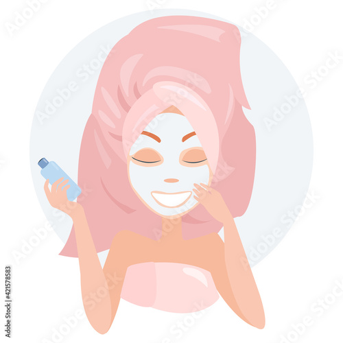 Young woman with a sheet mask. Moisturizing mask. Taking care of yourself. 