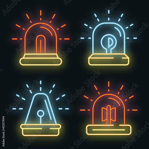 Flasher icon set. Outline set of flasher vector icons neon color on black
