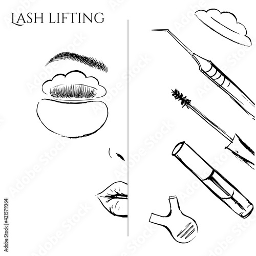Eyelash lifting illustration. Beauty stylist tools.