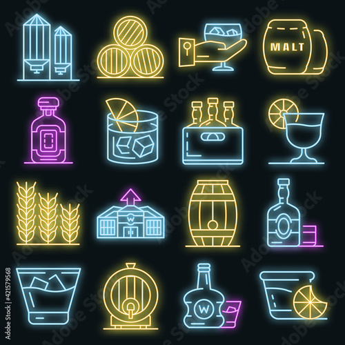 Whisky icon set. Outline set of whisky vector icons neon color on black