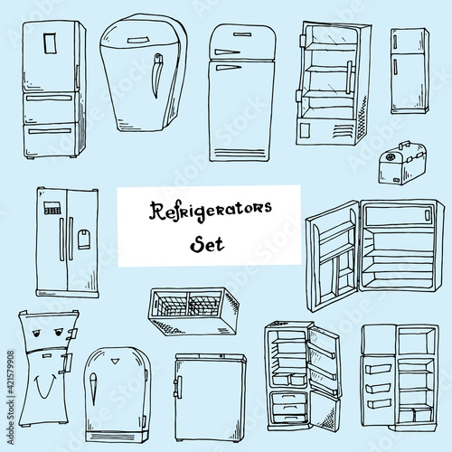 Sketch hand drawing refrigerators collection on blue background