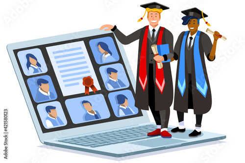 Isometric boys and girls studying at home with laptop and book on the desk. Students with books working on a class and learning for diploma or education and looking for a network to study online.