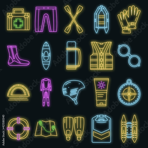 Rafting icon set. Outline set of rafting vector icons neon color on black