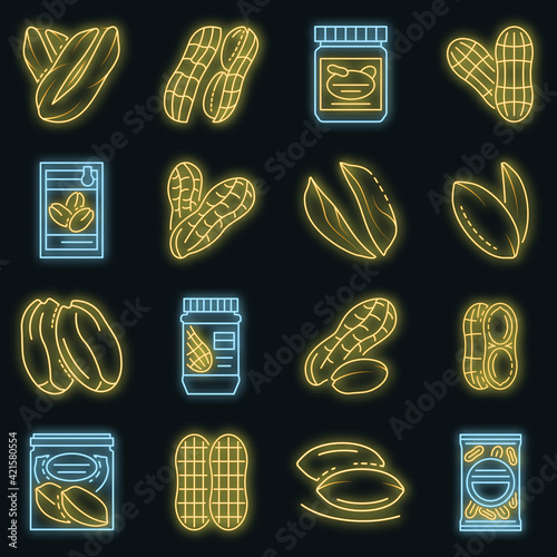 Peanut icon set. Outline set of peanut vector icons neon color on black