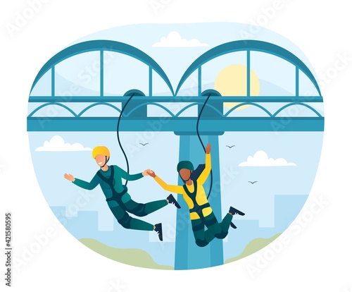 Happy characters is bungee jumping from a bridge