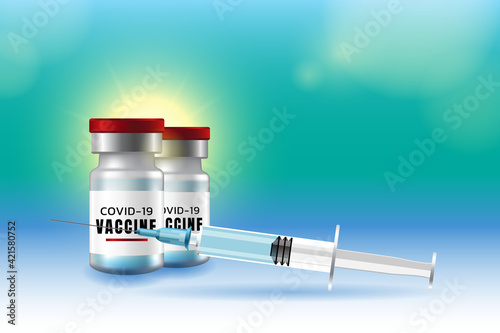Coronavirus vaccination banner with copy space background. Covid-19 corona virus vaccine vials red caps and blue syringe injection mockup template.