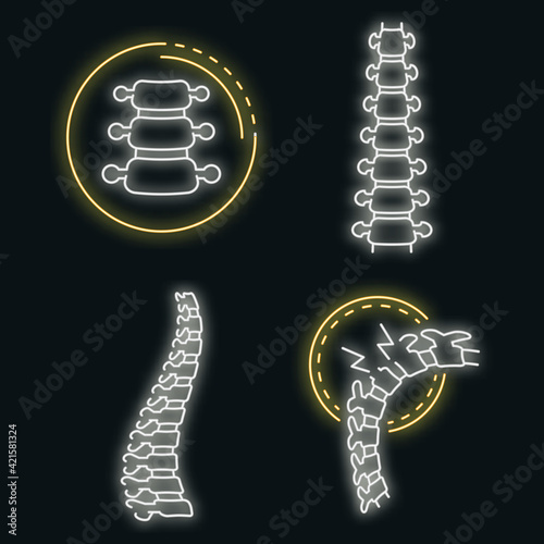 Spine icon set. Outline set of spine vector icons neon color on black