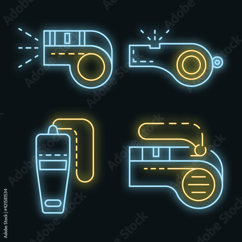 Whistle icon set. Outline set of whistle vector icons neon color on black photo