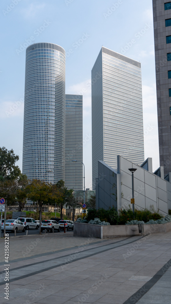 The Azrieli Center Tel Aviv consists of three towers: Circular Tower, Triangular Tower, and Square Tower. The Circular Tower is the highest one (187m), and on the top floor, there is an observatory. The Azrieli Center Tel Aviv consists of three towers: Circular Tower, Triangular Tower, and Square Tower. The Circular Tower is the highest one (187m), and on the top floor, there is an observatory.