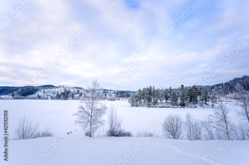 Cloudy and blue sky on top of an island "Tronøya" which is in a frozen and snow covered lake "Jonsvatnet", Norway. Wide angle landscape in a winter day. © K-I foto