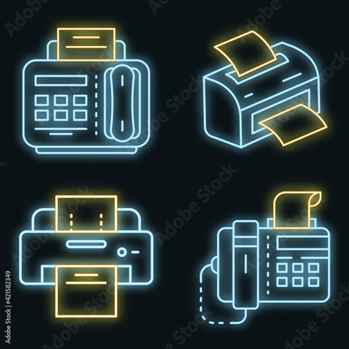 Fax icon set. Outline set of fax vector icons neon color on black