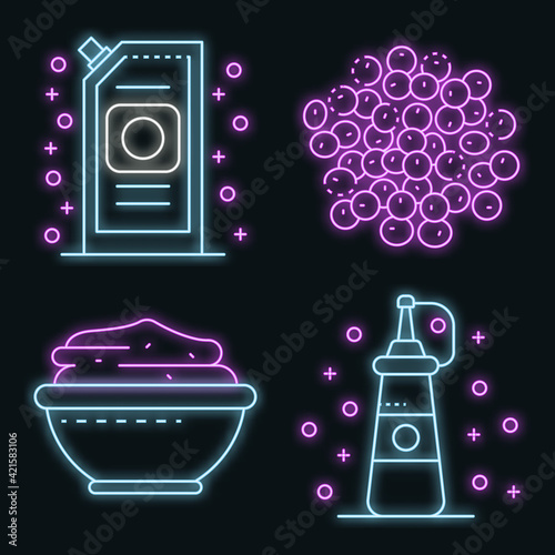 Mustard icons set. Outline set of mustard vector icons neon color on black
