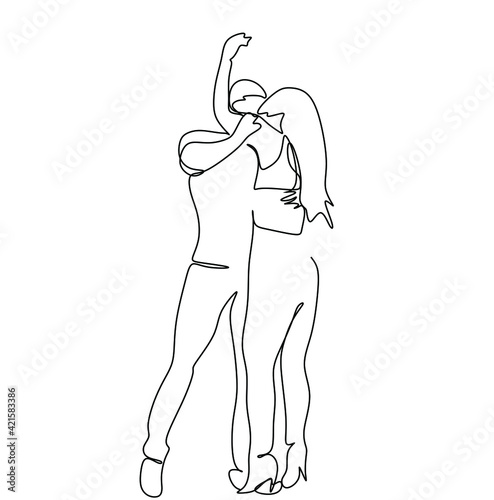 Latin American dances. Elegant couple dancing salsa, bachata. Retro style. Line drawing for printing T-shirts, and cosmetics