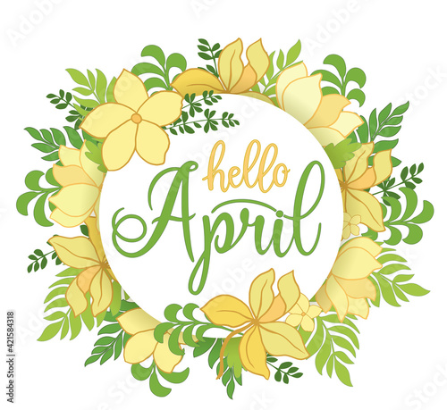 Handwritten, hello april, lettering message. April welcome quote with color leaves . Modern lettering. Hello April design for cards, banners, posters.