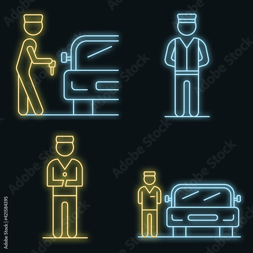 Valet icons set. Outline set of valet vector icons neon color on black