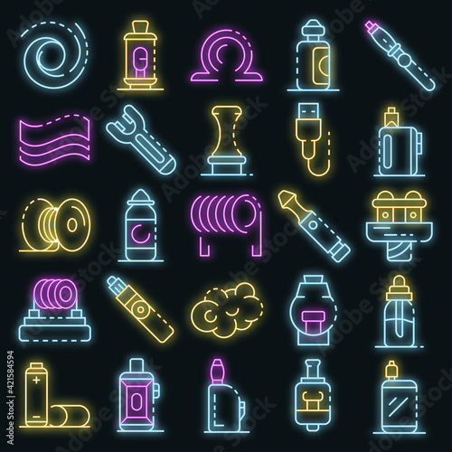 Electronic cigarette icon set. Outline set of electronic cigarette vector icons neon color on black
