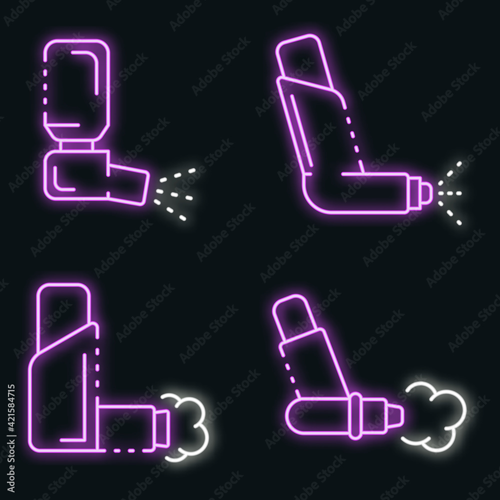 Inhaler icons set. Outline set of inhaler vector icons neon color on black Inhaler icons set. Outline set of inhaler vector icons neon color on black