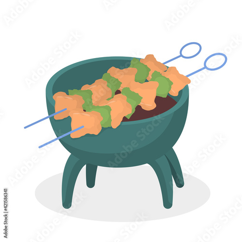 vector illustration of a metal picnic grill with a barbecue on it, isolated on a white background