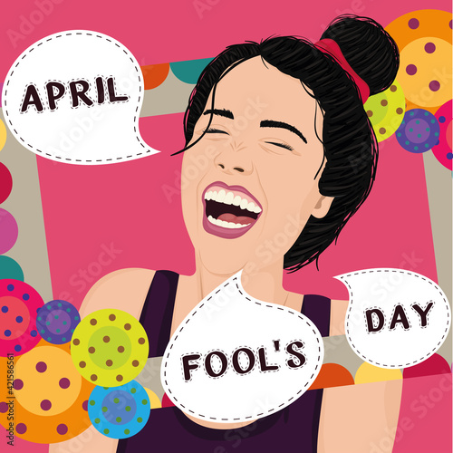April fool day poster. Happy woman pop art style - Vector