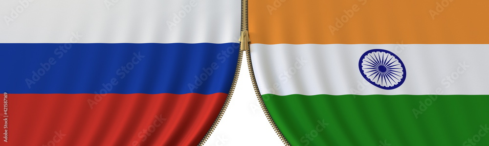 Fototapeta premium Russia and India cooperation or conflict, flags and closing or opening zipper between them. Conceptual 3D rendering