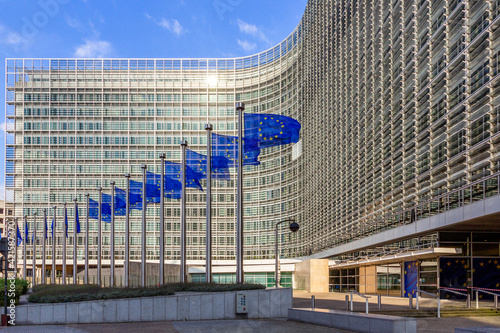 Row of EU Flags in front of the European Union Commission building in Brussels photo