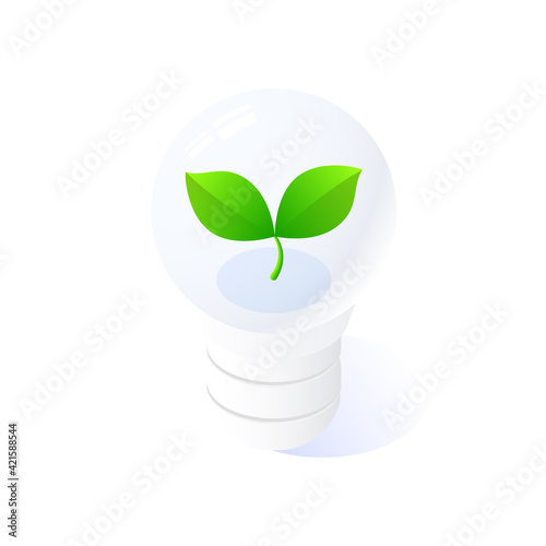 Isolated energy saving light bulb with green sprout on a white background.