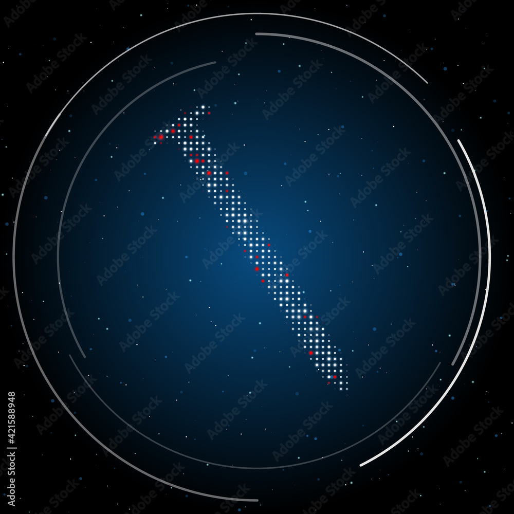 The metal nail symbol filled with white dots. Pointillism style. Some dots is red. Vector illustration on blue background with stars
