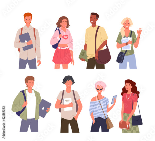 Student young multinational people diversity vector illustration set. Cartoon young man woman diverse characters standing in row and waving, holding laptop, books and textbooks isolated on white.