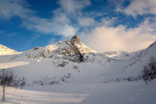 Stormoa snowy peak in northern Norway in winter