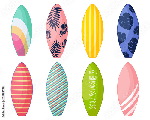  Surfboards set. Cartoon collection of vector illustrations in vintage style. Isolated on a white background.