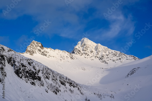 Stormoa snowy peak in northern Norway in winter