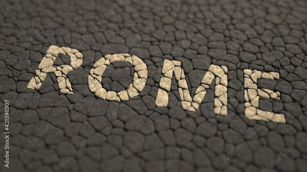 Rome city name made of cobblestone on the old pavement, travel intro 3d animation