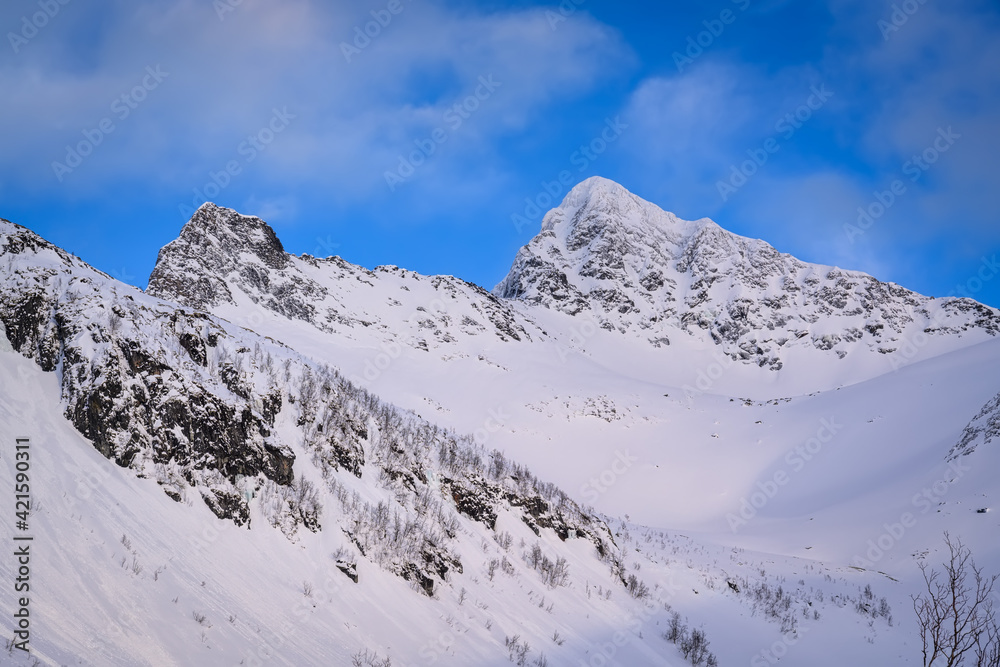 Stormoa snowy peak in northern Norway in winter