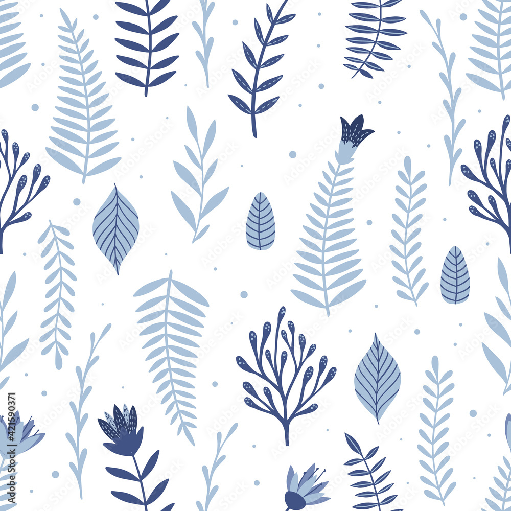 Fototapeta premium Seamless pattern with blue flowers and leaves. Creative floral texture. Great for fabric, textile Vector Illustration