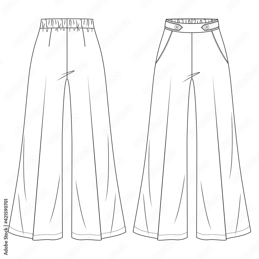 Women Flare High Waist Palazzo Trousers Vector Fashion Flat Sketches ...