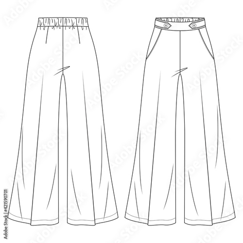 Women Flare High Waist Palazzo Trousers Vector Fashion Flat Sketches. Wide Leg Pant Fashion Technical Illustration Template
