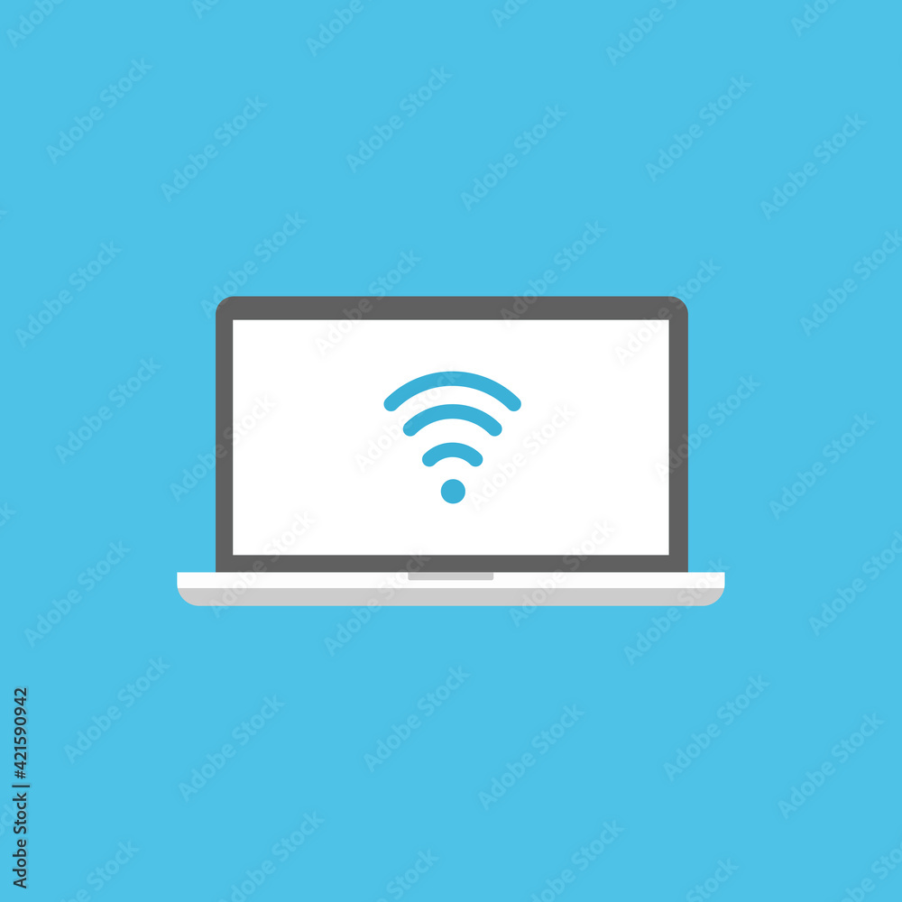 White laptop monitor with Wireless. isolated on powder blue. Flat vector simple icon. Internet search symbol. Good for web and mobile design. See site White laptop monitor with Wireless. isolated on powder blue. Flat vector simple icon. Internet search symbol. Good for web and mobile design. See site