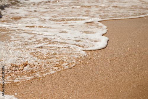 Fototapeta Naklejka Na Ścianę i Meble -  foaming sea wave on a sandy beach. Summer sea background