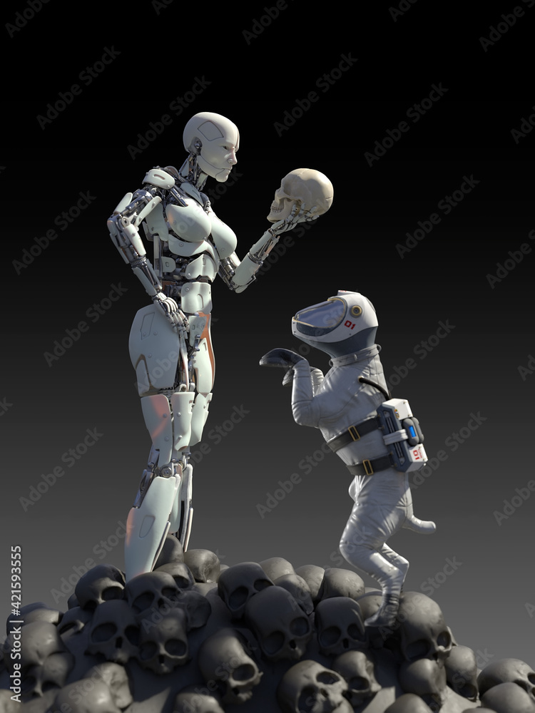 Naklejka premium robot holding a human skull