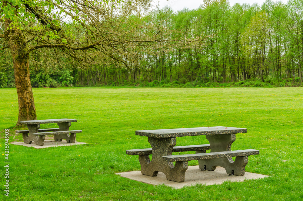 Picnic Table in Park with river or lake background.