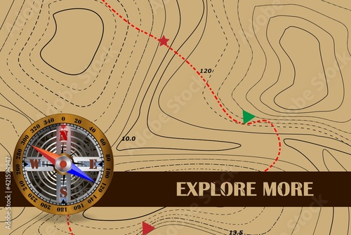 Travel. Explore more and azimuth compass and map. The background of the route on the contour map. Tourism and travel symbol.