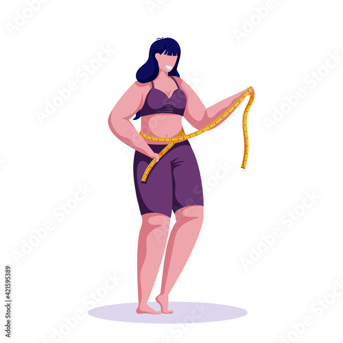 Woman is losing weight on a diet. Measuring waist by yellow measure tape. Girl trying to control her body shape. Cartoon female character. Vector. White background.  